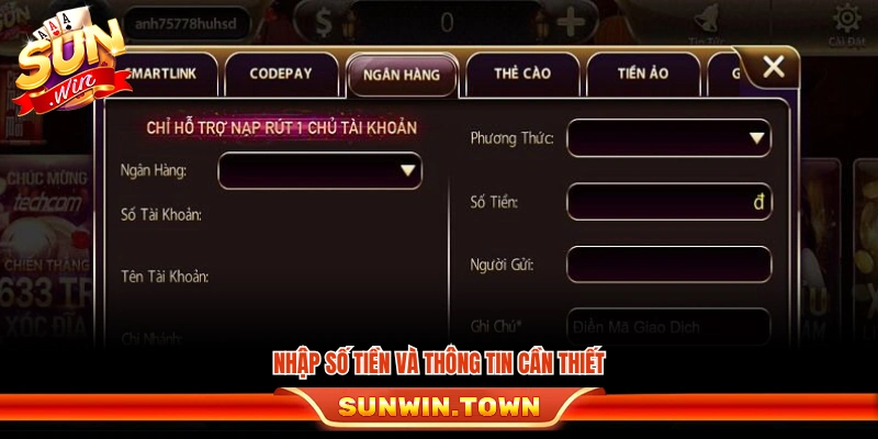 Điền số tiền muốn nạp cùng các dữ liệu bắt buộc